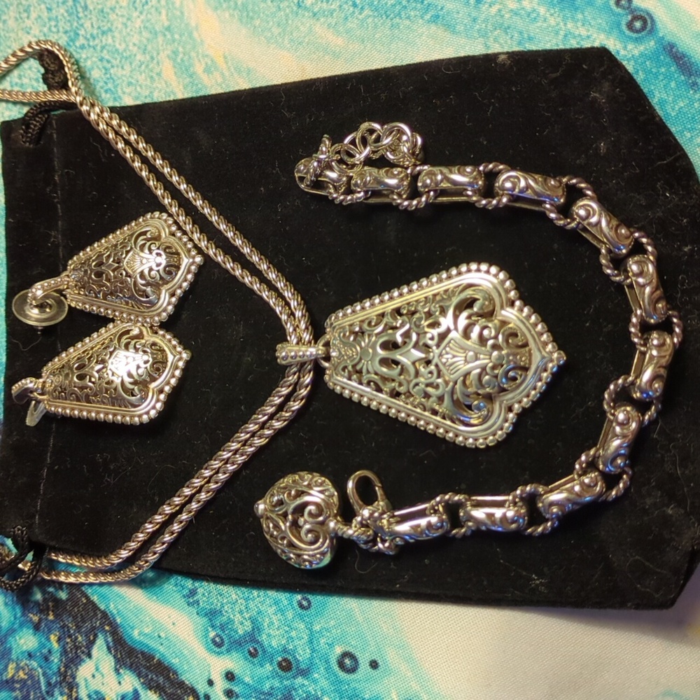Brighton puff filigree silver set necklace bracelet earrings